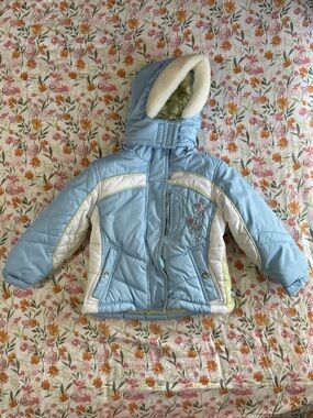 Protection System 2T Winter Coat Blue Green and White Pastel Hooded Embroidered